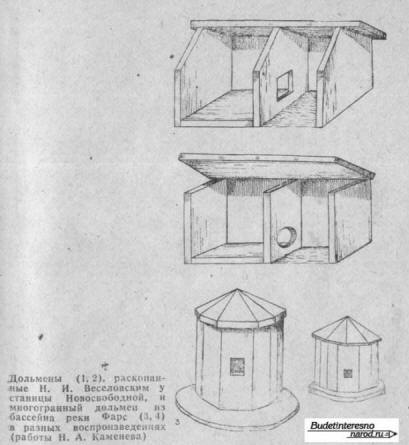 Дольмены (1, 2), раскопанные Н. И. Веселовским у станицы Новосвободной, и многогранный дольмен из бассейна реки Фарс (3, 4) в разных воспроизведениях (работы Н. А. Каменева)