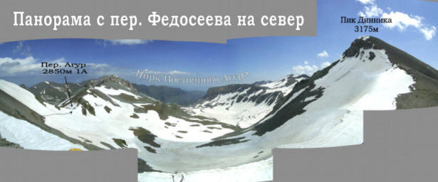 Панорама с пер. Федосеева на север и путь движения (вид на перевал Агур, цирк Восточный Агур, пик Динника)