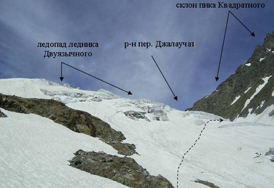 Движение по леднику двуязычному на пер. Джалаучат (ледопад ледника Двуязычного, пер. Джалаучат, склон пика Квадратного)