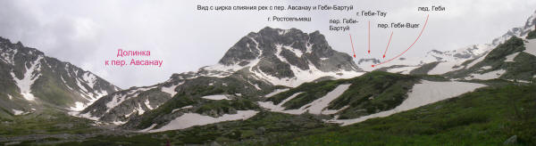 Панорама цирка слияния р. Авсанау и Геби (щелкните по фото для увеличения)